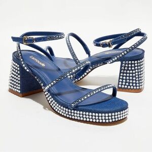 Larroude Blue Crystal Block Heel Sandals